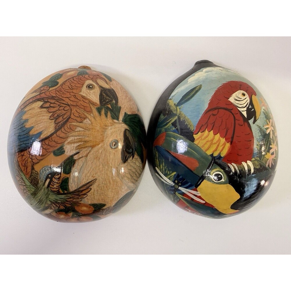 Vintage Panama Hand Painted Bird Ornaments Pair Parrot Macaw Toucan El Valle